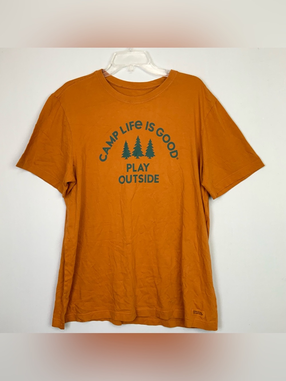 Life Is Good Sz Large Play Outside Camp Camping Orange Brown Crusher T-Shirt